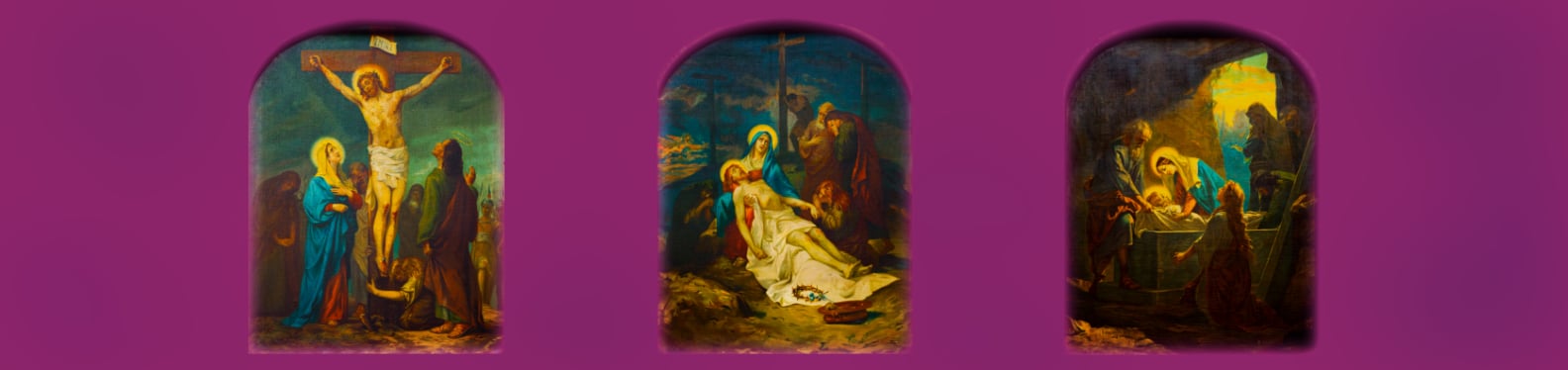 Stations of the Cross Showing 3 images: Jesus on the Cross, Jesus taken down from the Cross held by Mary, Jesus in the Tomb